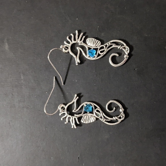 Silver Tone Seahorse with Blue Rhinestone Dangle Drop Statement Earrings - Picture 1 of 2